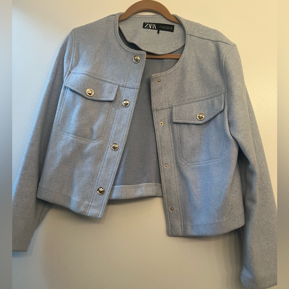 Zara Women's Sky Blue felt Jacket with Silver Hardware
